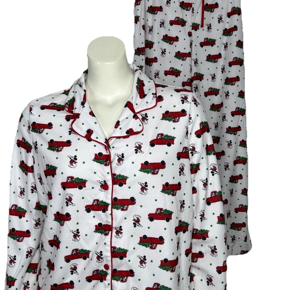 Disney Christmas Pajama Set Mickey Mouse Red Truck Women's Large White Xmas Tree - Picture 2 of 16